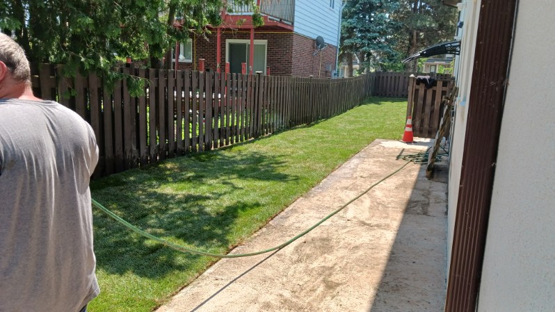 Fresh sod laid along a fenced side yard